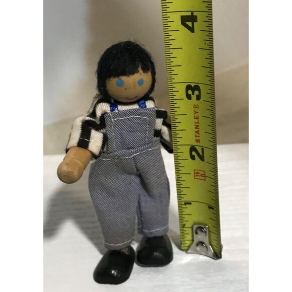 Wooden Doll With Striped Shirt & Overalls 3.75" Blue Eyes, Black Shoes - Picture 5 of 5